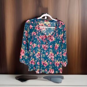 DECREE blue pink floral ruffle semi sheer top L